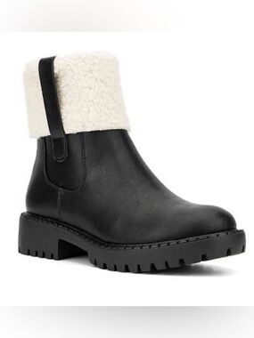 NY&C Black Shearling-Cuff Chelsea Booties